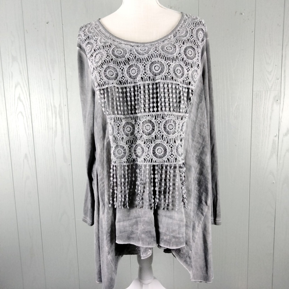 Cal Style Crochet Boho Lagenlook Tunic Top Womens XL‎ Lined Hippie Gray Loose